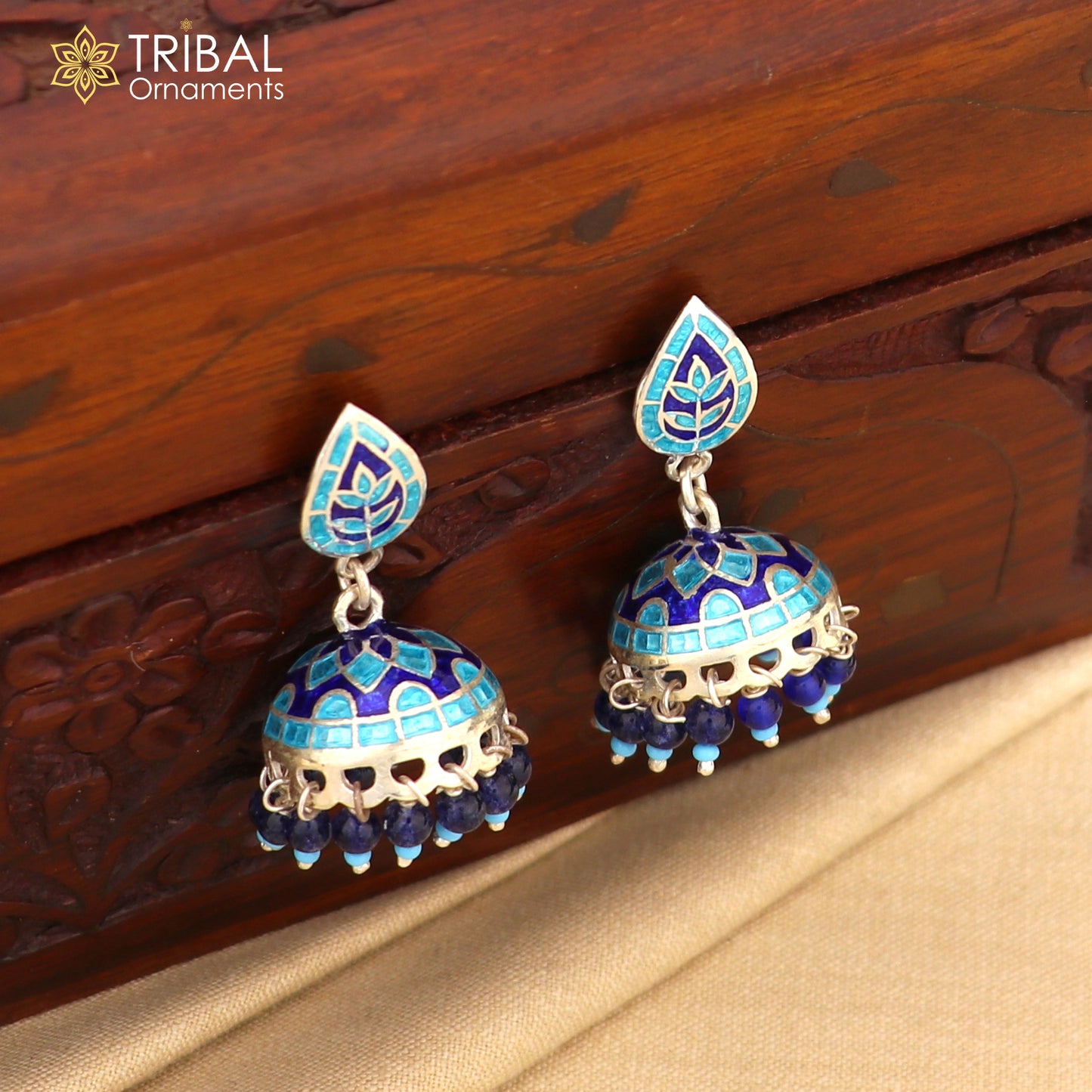 925 sterling silver stylish minakari design jumka earring er220 - TRIBAL ORNAMENTS