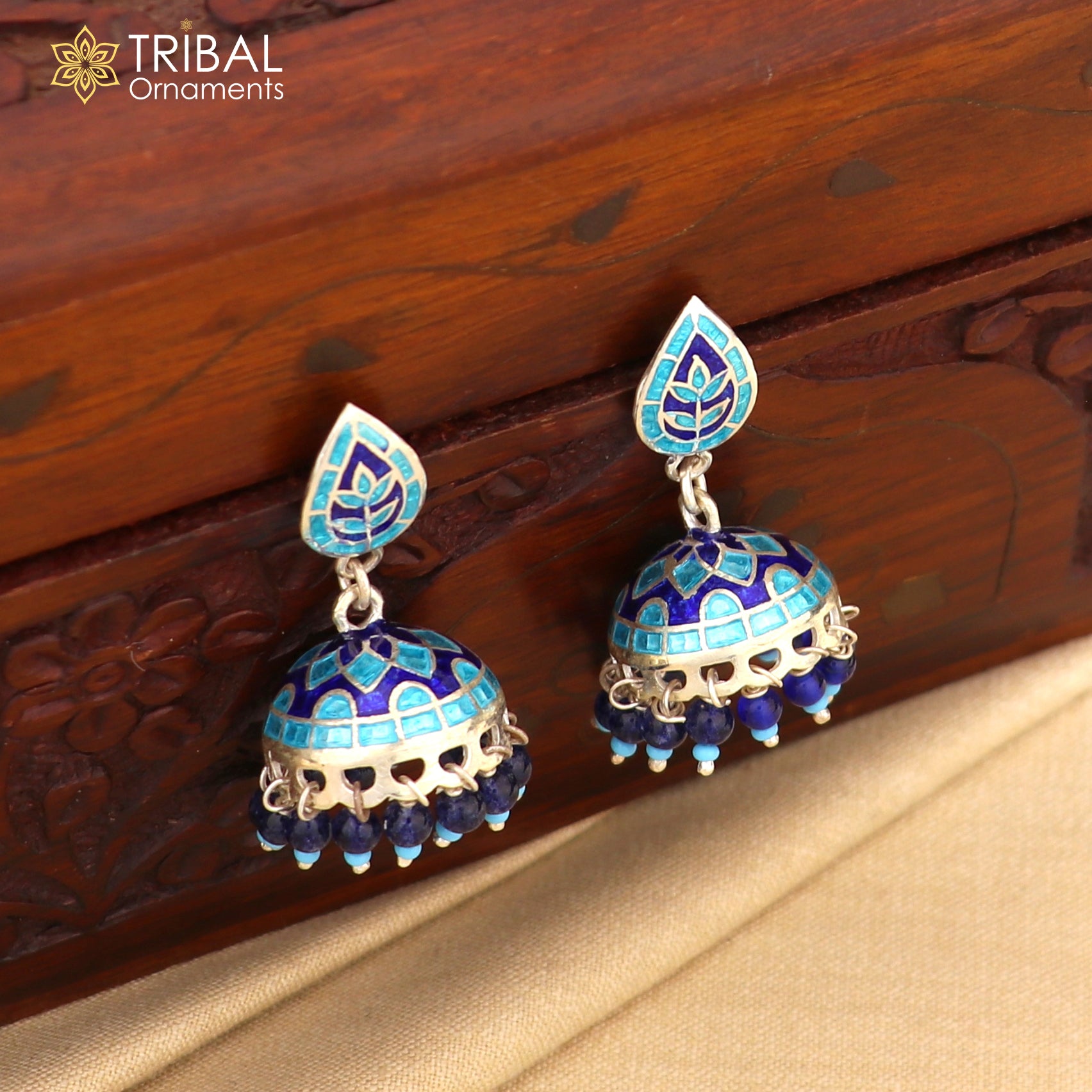 925 sterling silver stylish minakari design jumka earring er220 - TRIBAL ORNAMENTS