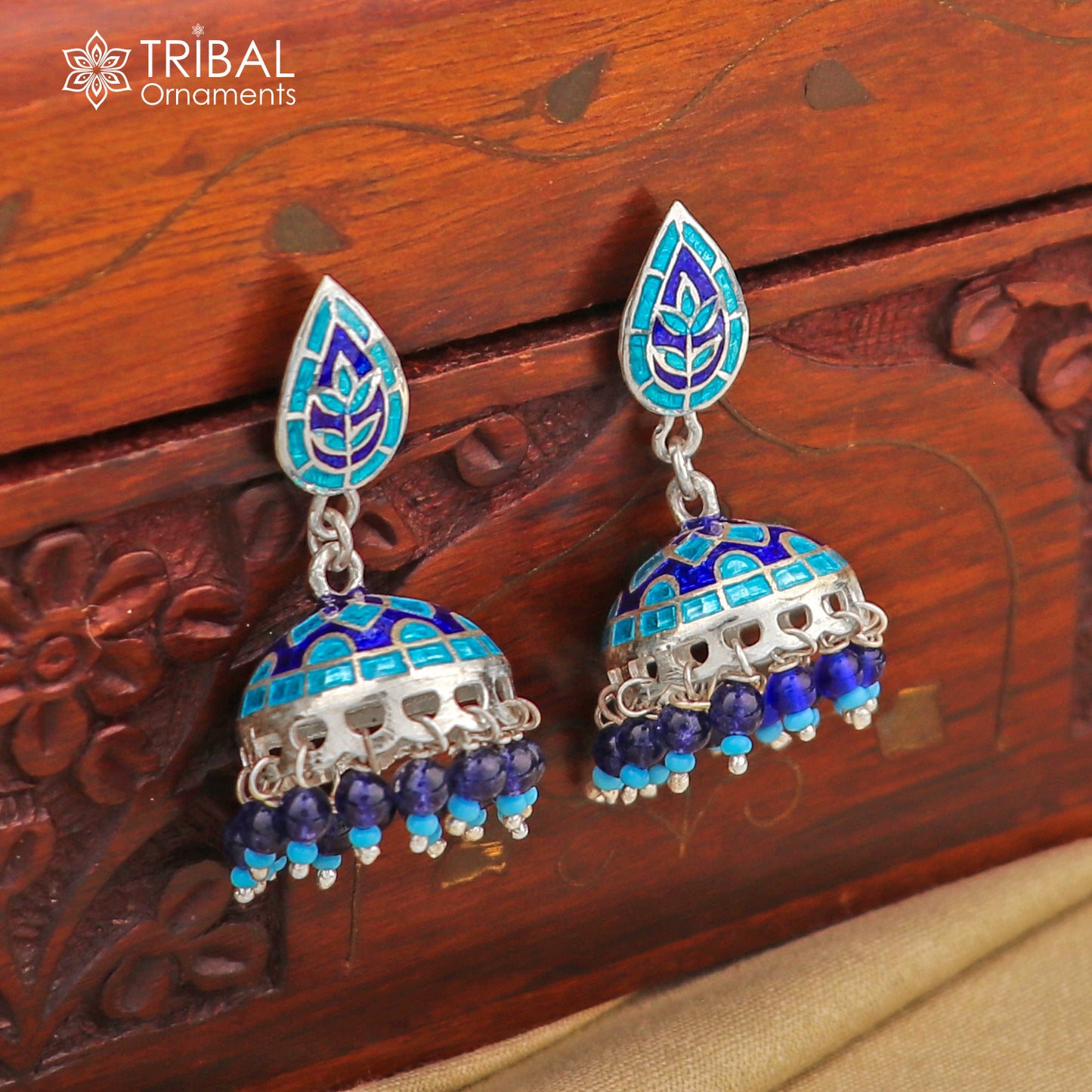 925 sterling silver stylish minakari design jumka earring er220 - TRIBAL ORNAMENTS