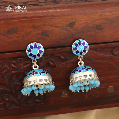 925 sterling silver stylish minakari design jumka earring er254 - TRIBAL ORNAMENTS