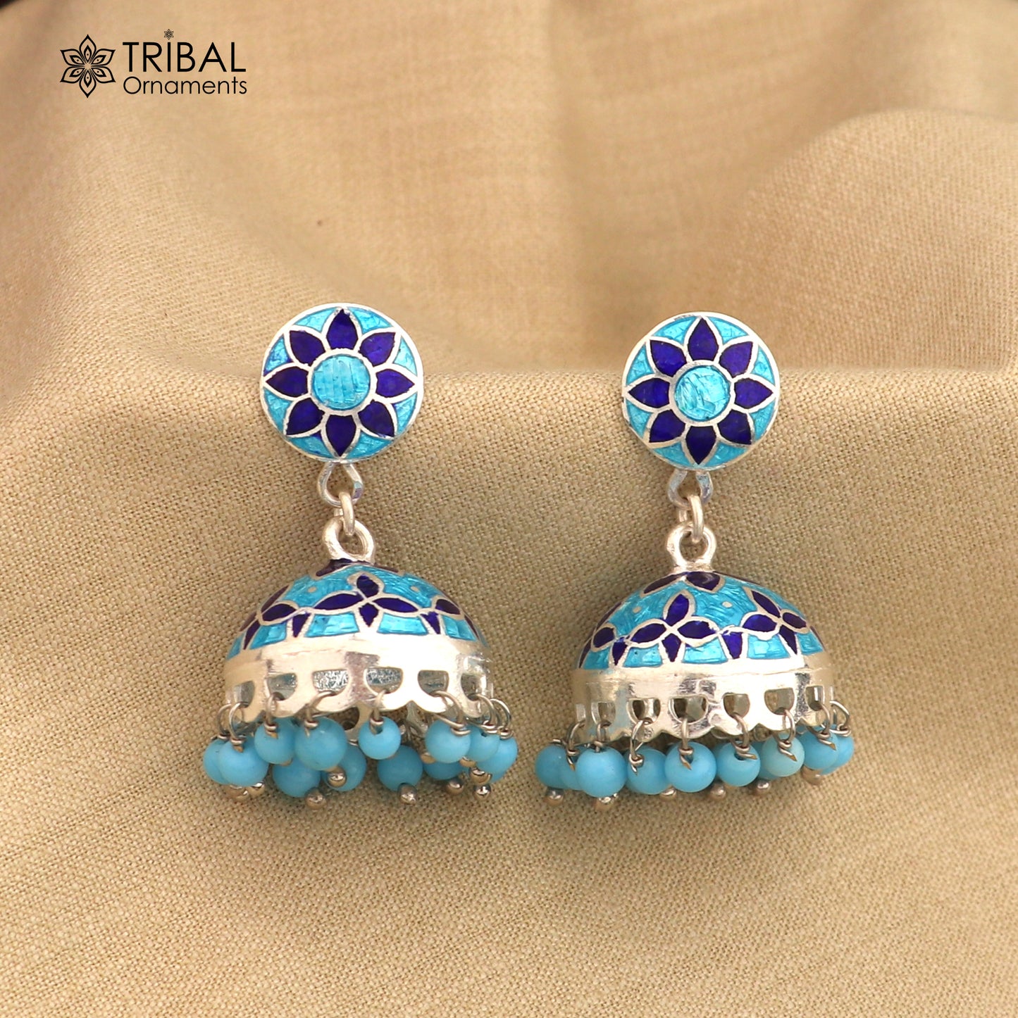 925 sterling silver stylish minakari design jumka earring er254 - TRIBAL ORNAMENTS