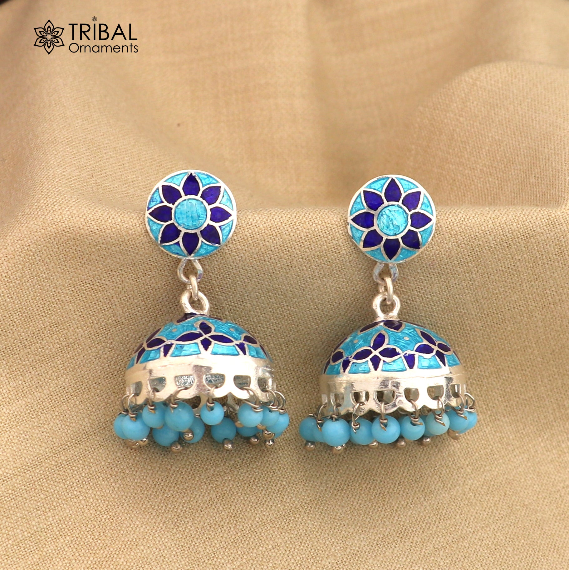 925 sterling silver stylish minakari design jumka earring er254 - TRIBAL ORNAMENTS