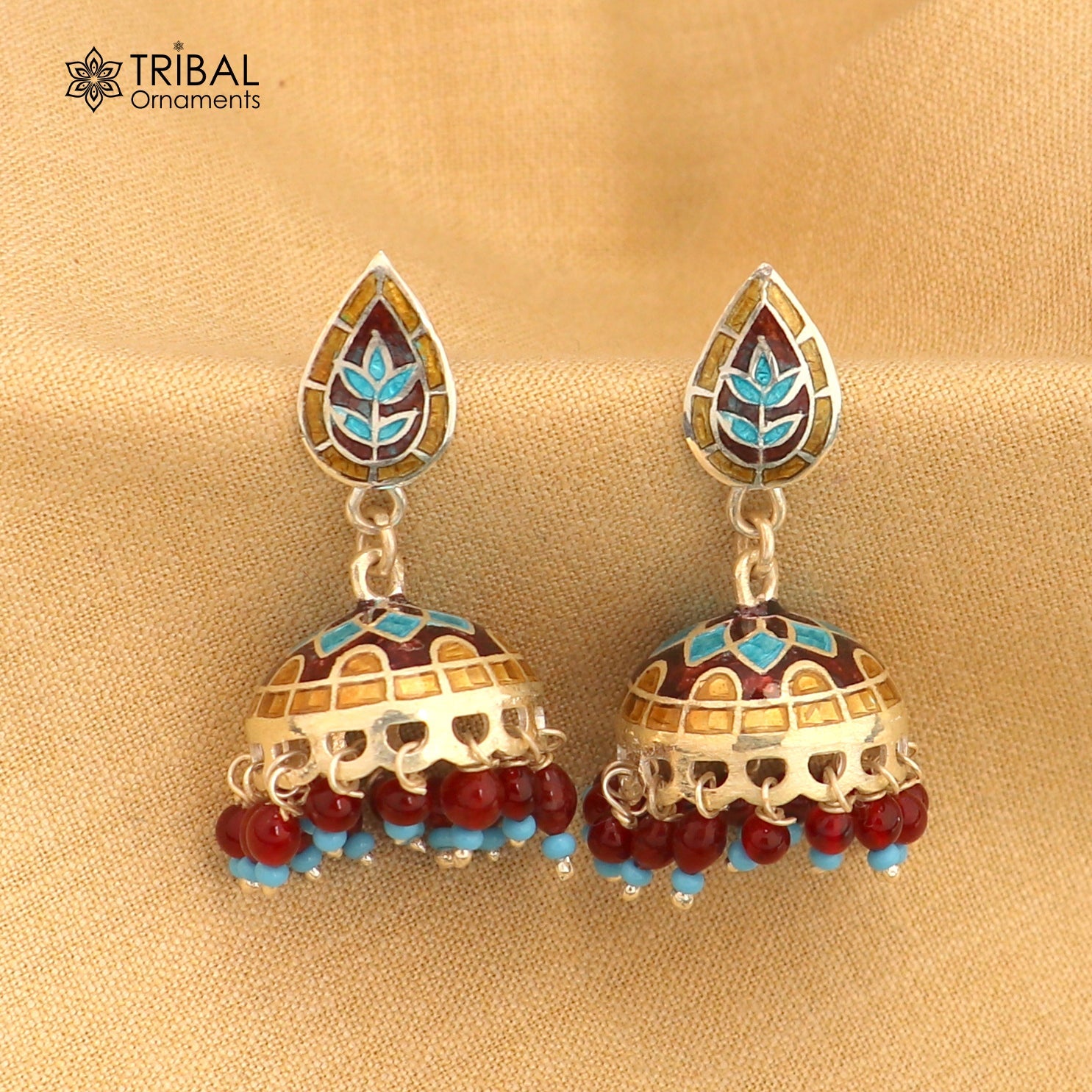 925 sterling silver stylish minakari design jumka earring er255 - TRIBAL ORNAMENTS