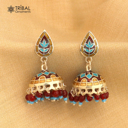 925 sterling silver stylish minakari design jumka earring er255 - TRIBAL ORNAMENTS