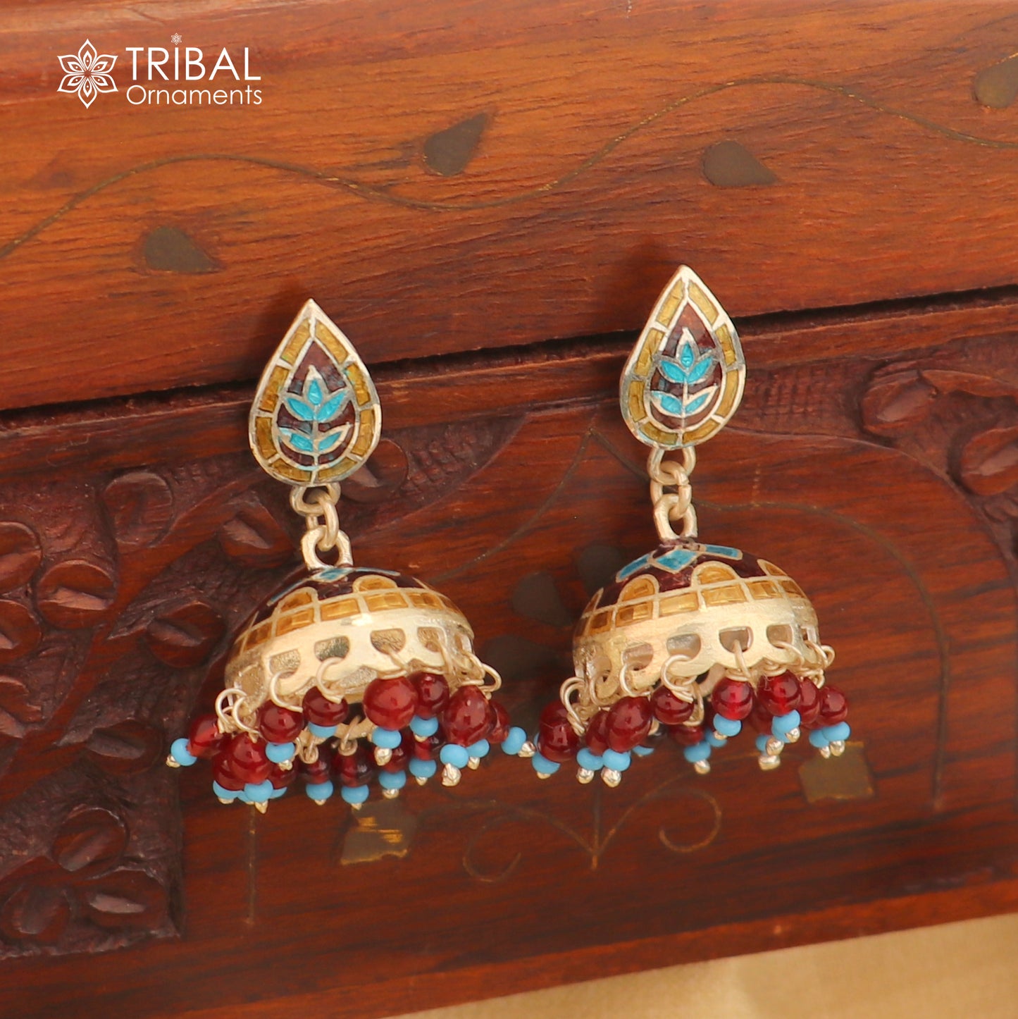 925 sterling silver stylish minakari design jumka earring er255 - TRIBAL ORNAMENTS