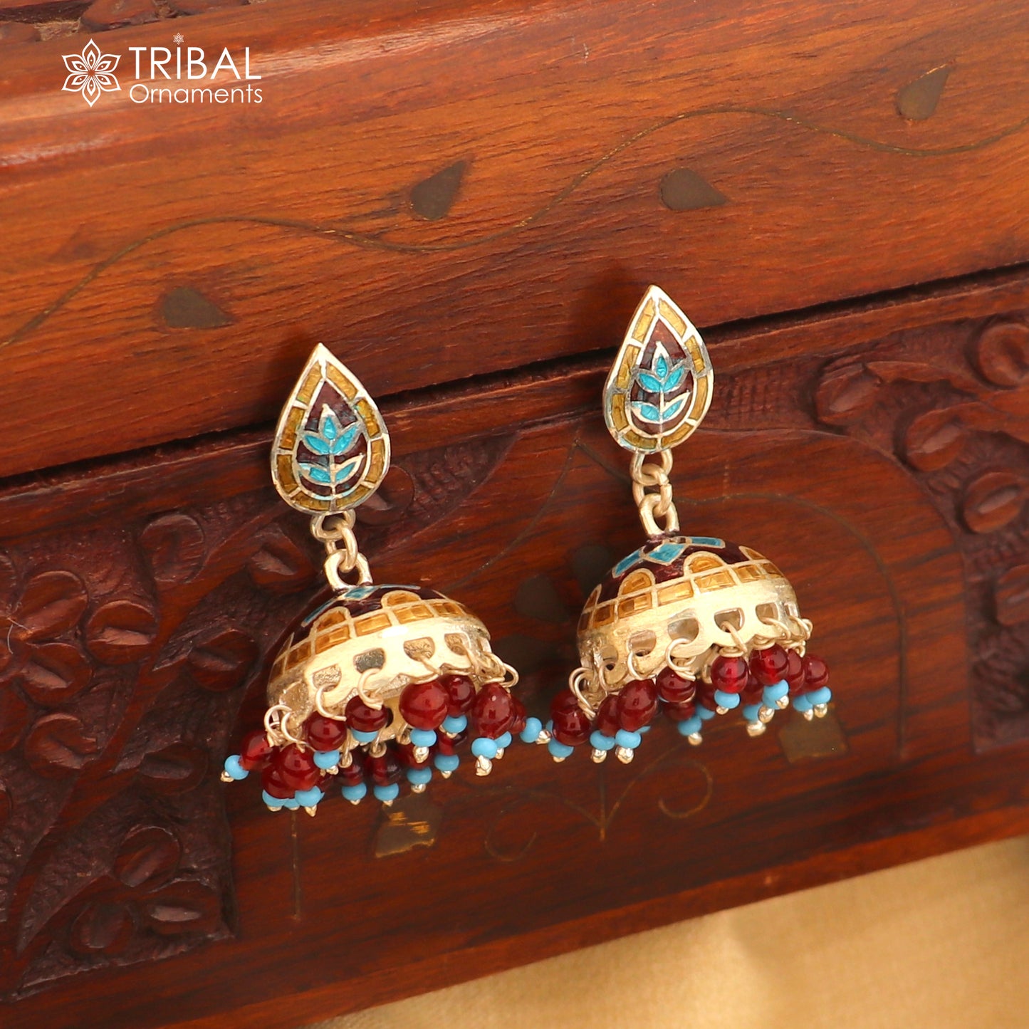 925 sterling silver stylish minakari design jumka earring er255 - TRIBAL ORNAMENTS