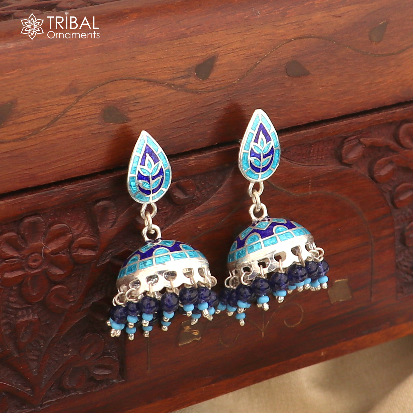 925 sterling silver stylish minakari design jumka earring er257 - TRIBAL ORNAMENTS
