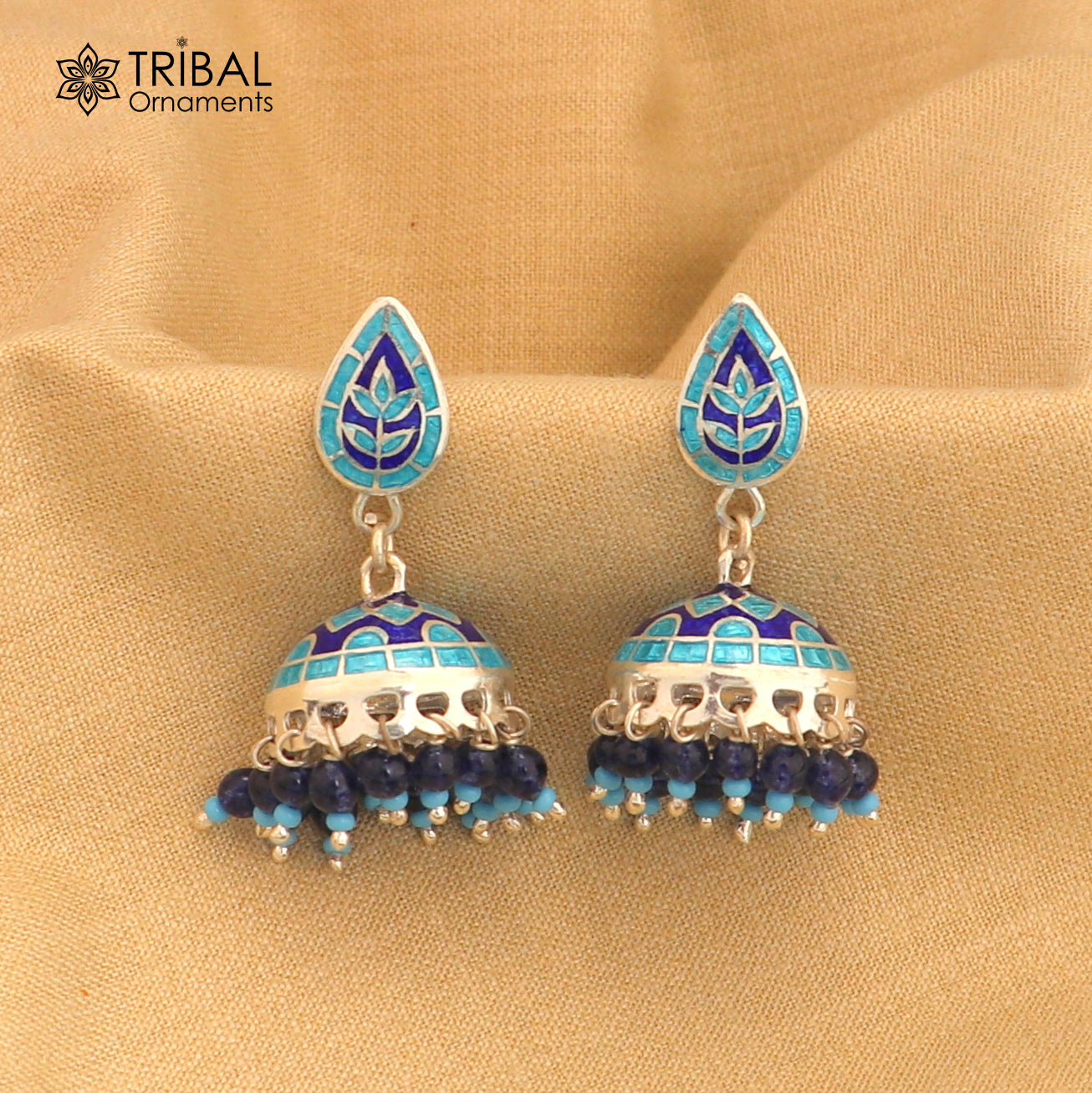 925 sterling silver stylish minakari design jumka earring er257 - TRIBAL ORNAMENTS