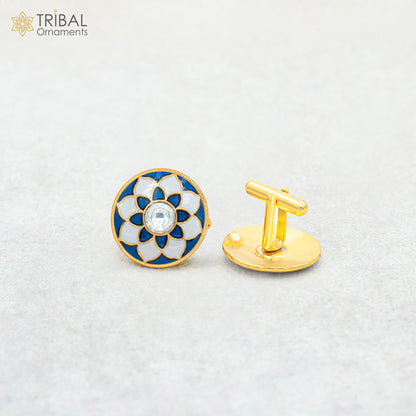 925 Sterling silver cufflinks set with gold-polished Minakari mandala design for men's coat or suit, stylish tribal ornament jewelry
