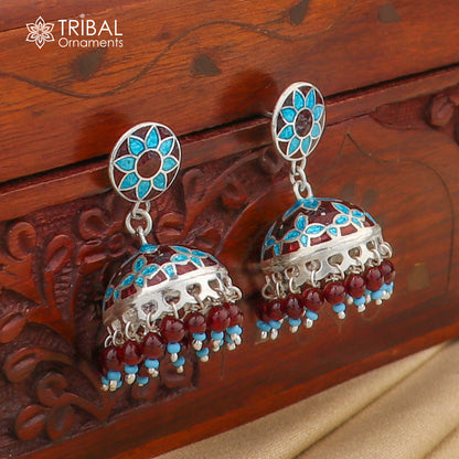925 sterling silver stylish minakari mandala design jumka earring er215 - TRIBAL ORNAMENTS
