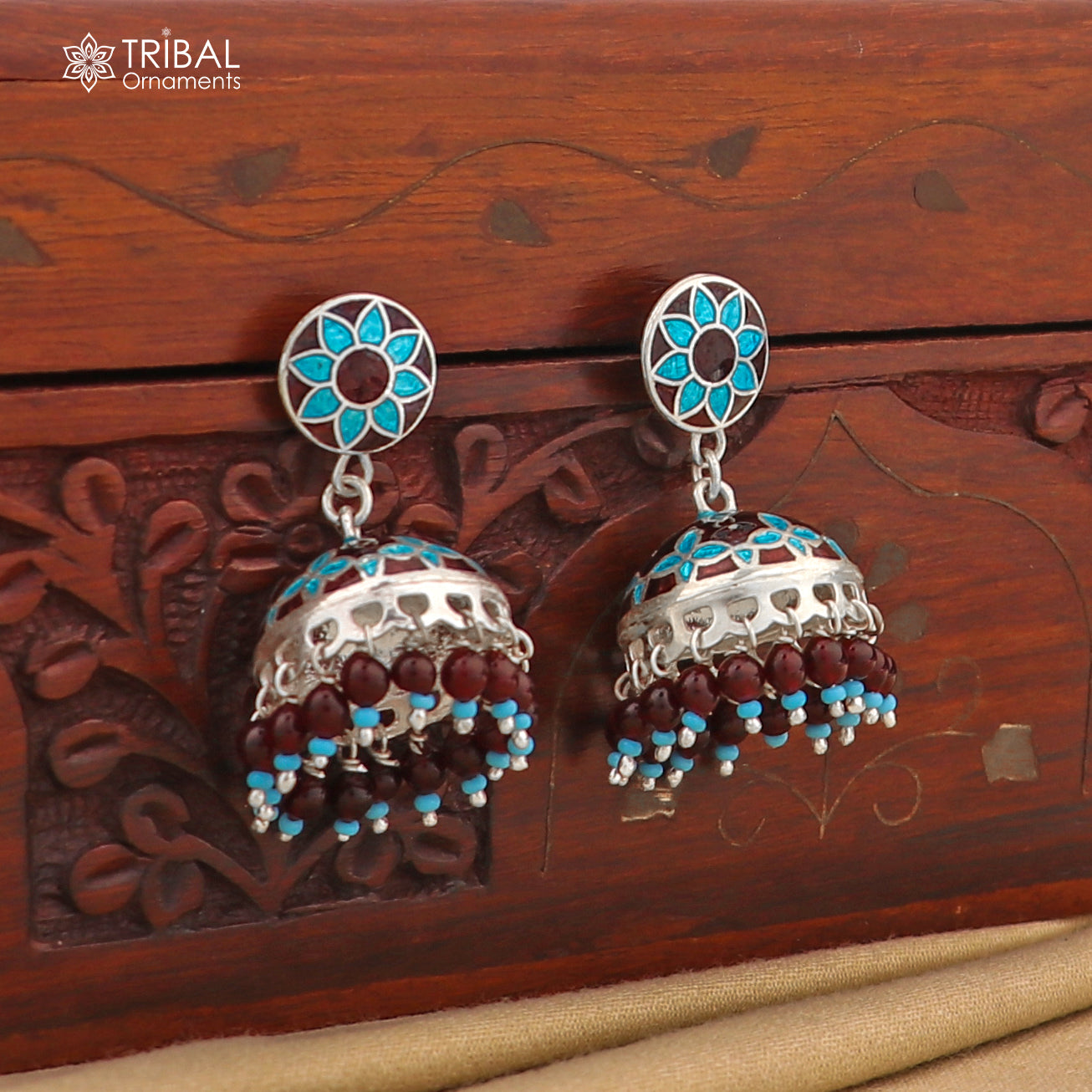 925 sterling silver stylish minakari mandala design jumka earring er215 - TRIBAL ORNAMENTS