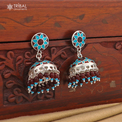 925 sterling silver stylish minakari mandala design jumka earring er215 - TRIBAL ORNAMENTS