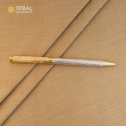 925 Sterling silver stylish stone design writing ball pen by TRIBAL ORNAMENTS, featuring intricate silver craftsmanship for elegant writing.
