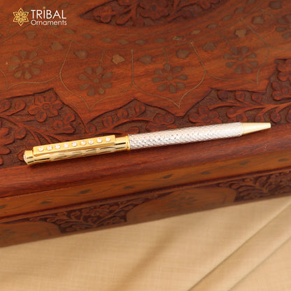 925 Sterling silver stylish stone design writing ball pen by TRIBAL ORNAMENTS, featuring intricate silver craftsmanship and elegant details.