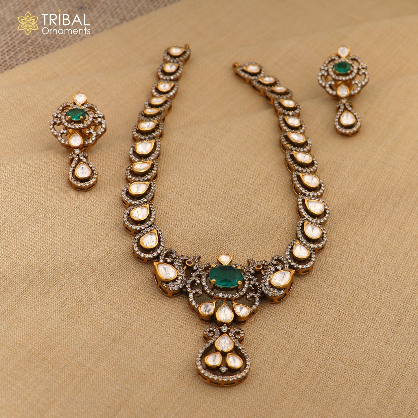 925 sterling silver stylish  white kundan stone polki charm necklace set stylish jewelry set745 - TRIBAL ORNAMENTS