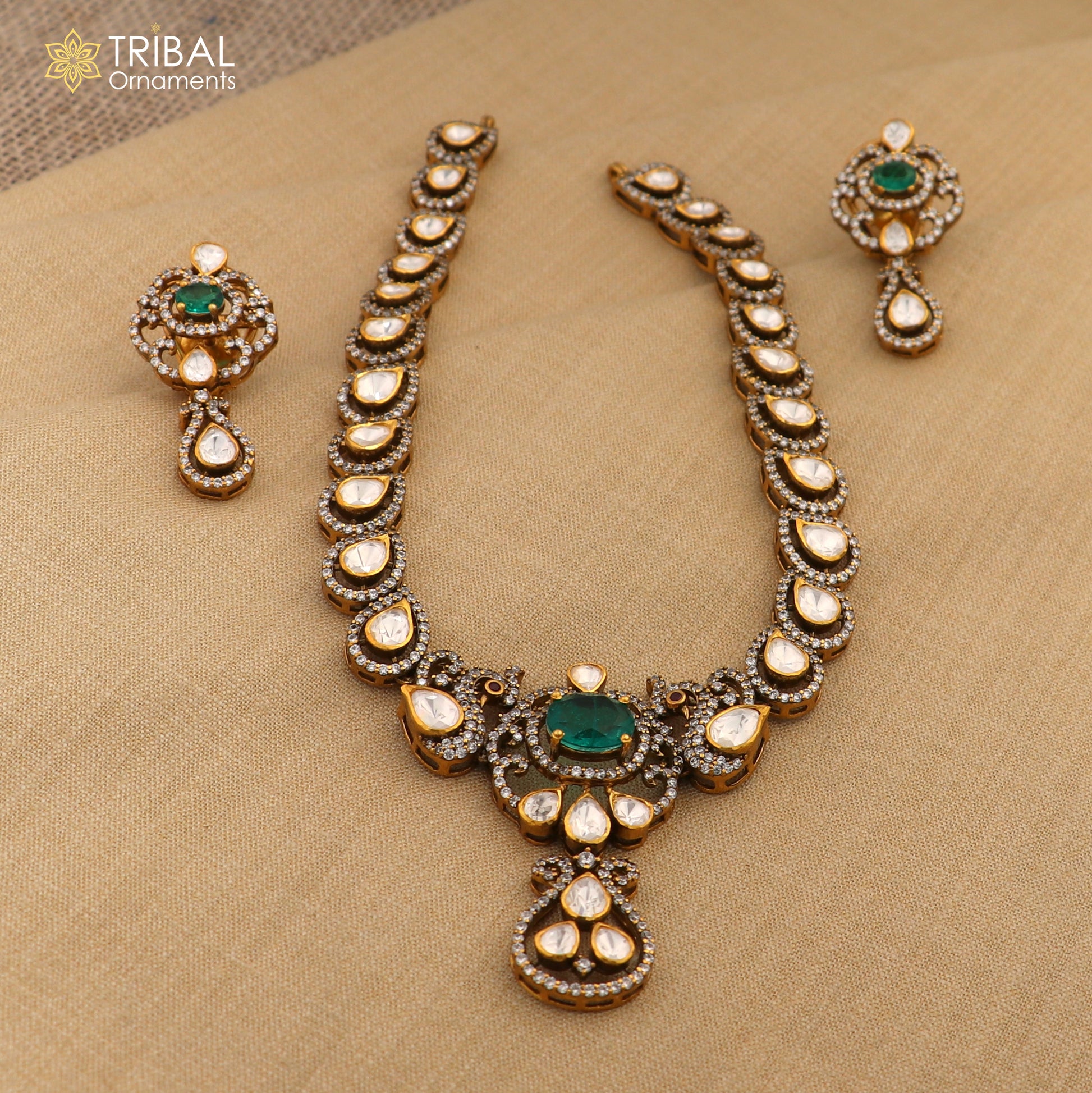 925 sterling silver stylish  white kundan stone polki charm necklace set stylish jewelry set745 - TRIBAL ORNAMENTS