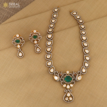 925 silver tribal jewelry set with white kundan stone and polki charm necklace and matching earrings, stylish traditional jewelry.