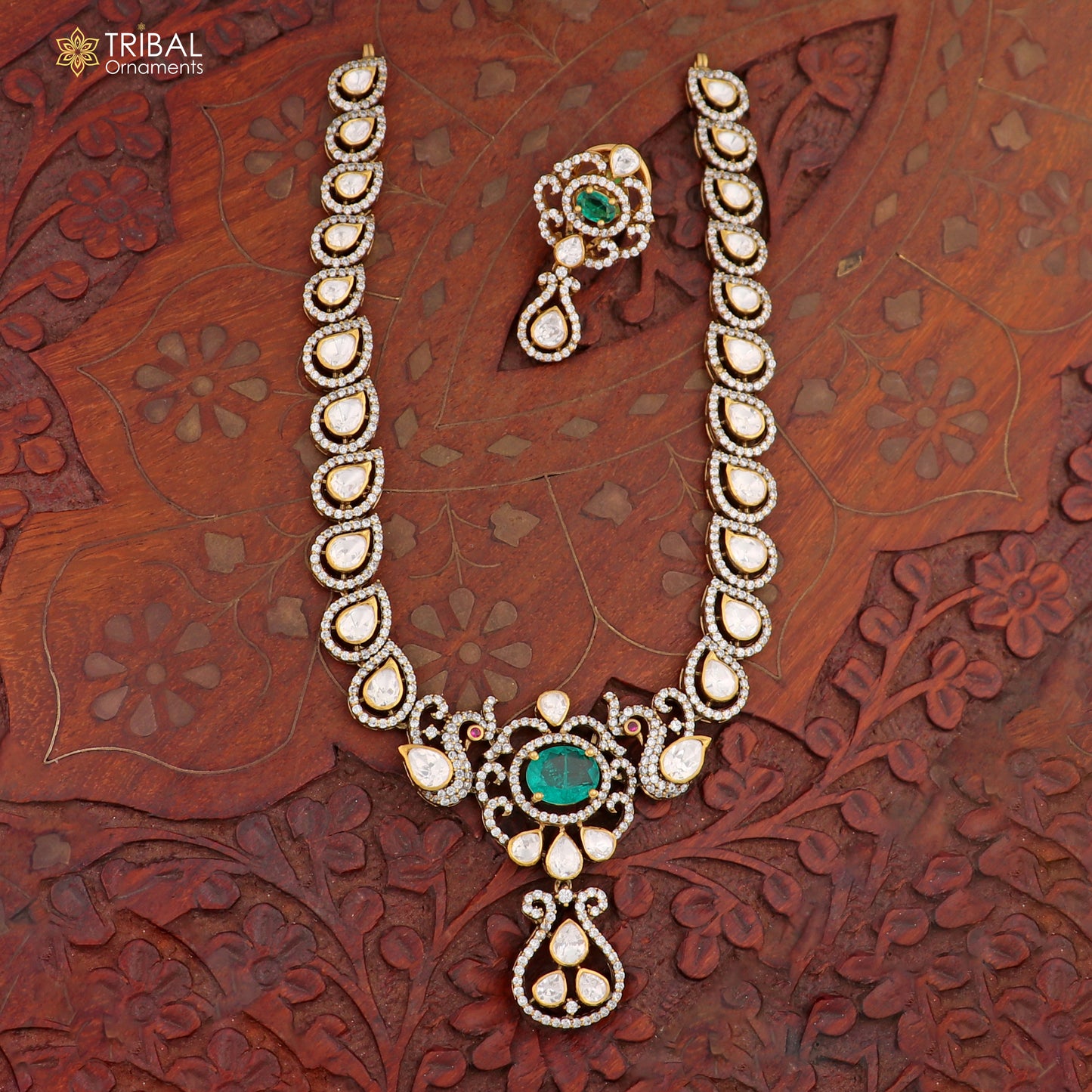 925 sterling silver stylish  white kundan stone polki charm necklace set stylish jewelry set745 - TRIBAL ORNAMENTS