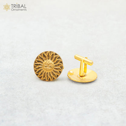 925 Sterling silver sun face design gold polished cufflinks set for men's coat or suit, featuring tribal-inspired jewelry style.