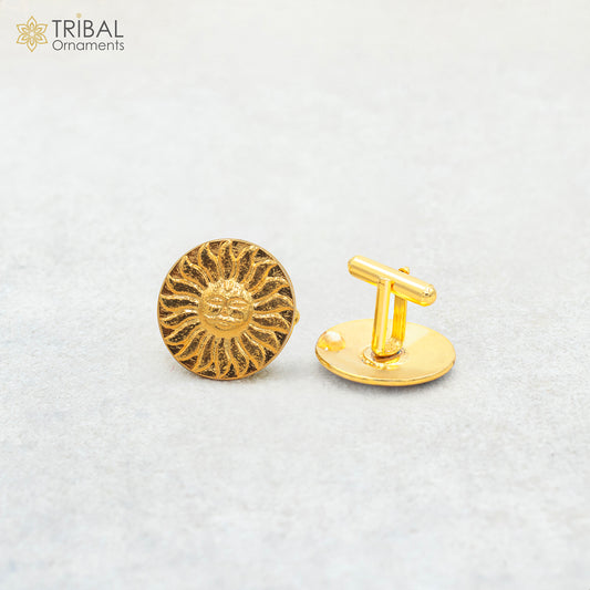 925 Sterling silver sun face design gold polished cufflinks set of 2 pc for men's coat or suit btn123 - TRIBAL ORNAMENTS
