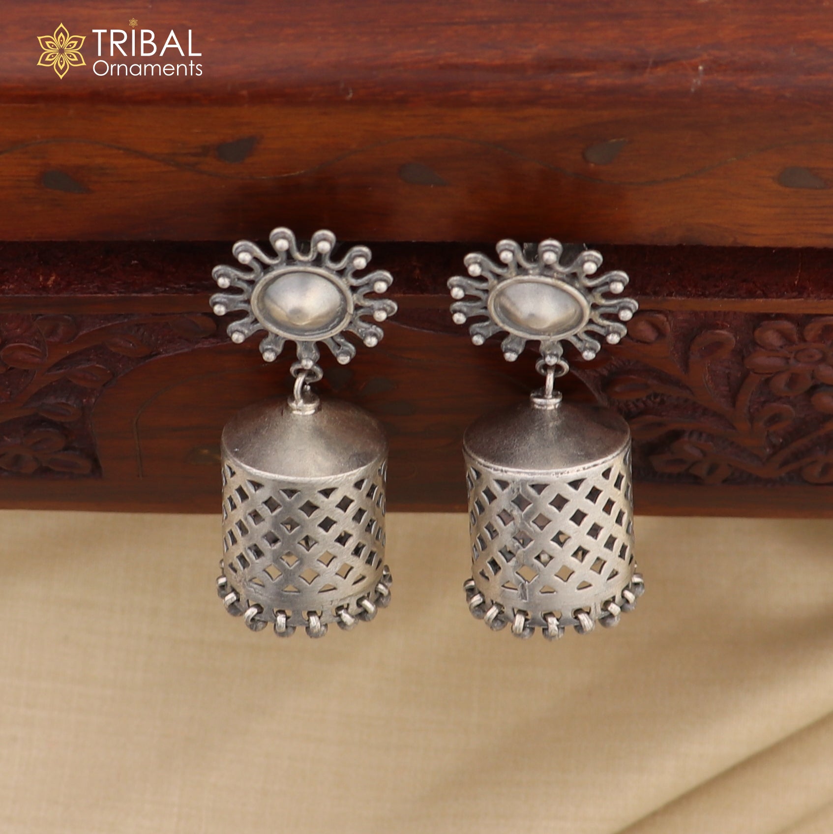 925 Sterling silver traditional cultural design drop dangler jumka earrings Navratri jewelry s1236 - TRIBAL ORNAMENTS
