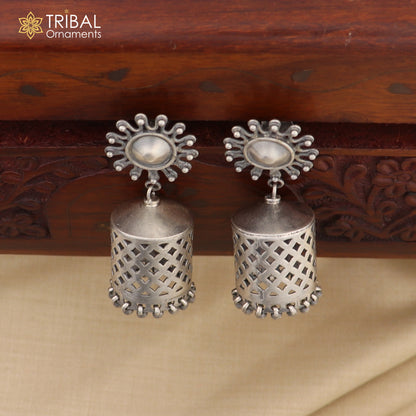 925 Sterling silver traditional cultural design drop dangler jumka earrings Navratri jewelry s1236 - TRIBAL ORNAMENTS