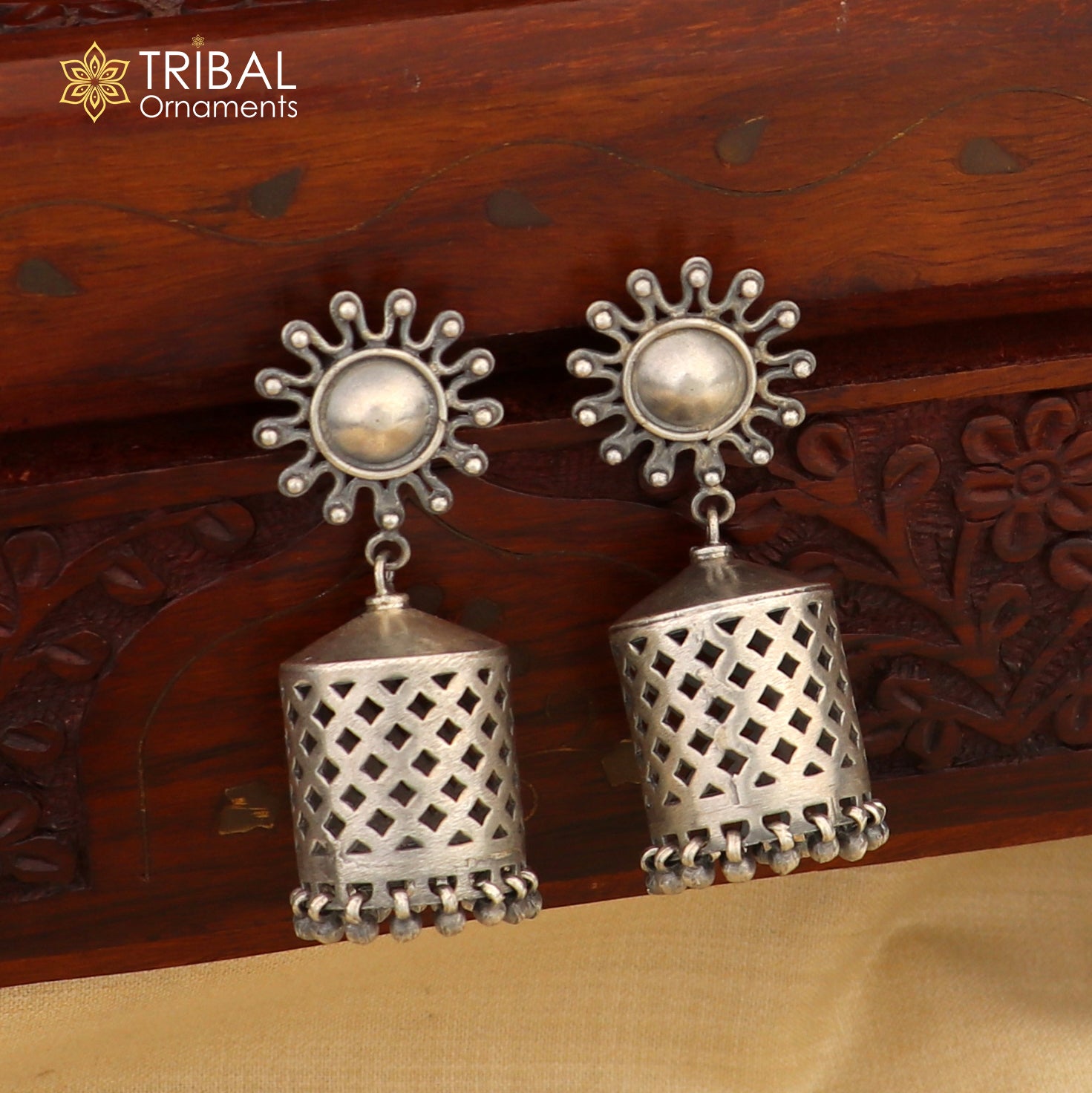 925 Sterling silver traditional cultural design drop dangler jumka earrings Navratri jewelry s1236 - TRIBAL ORNAMENTS