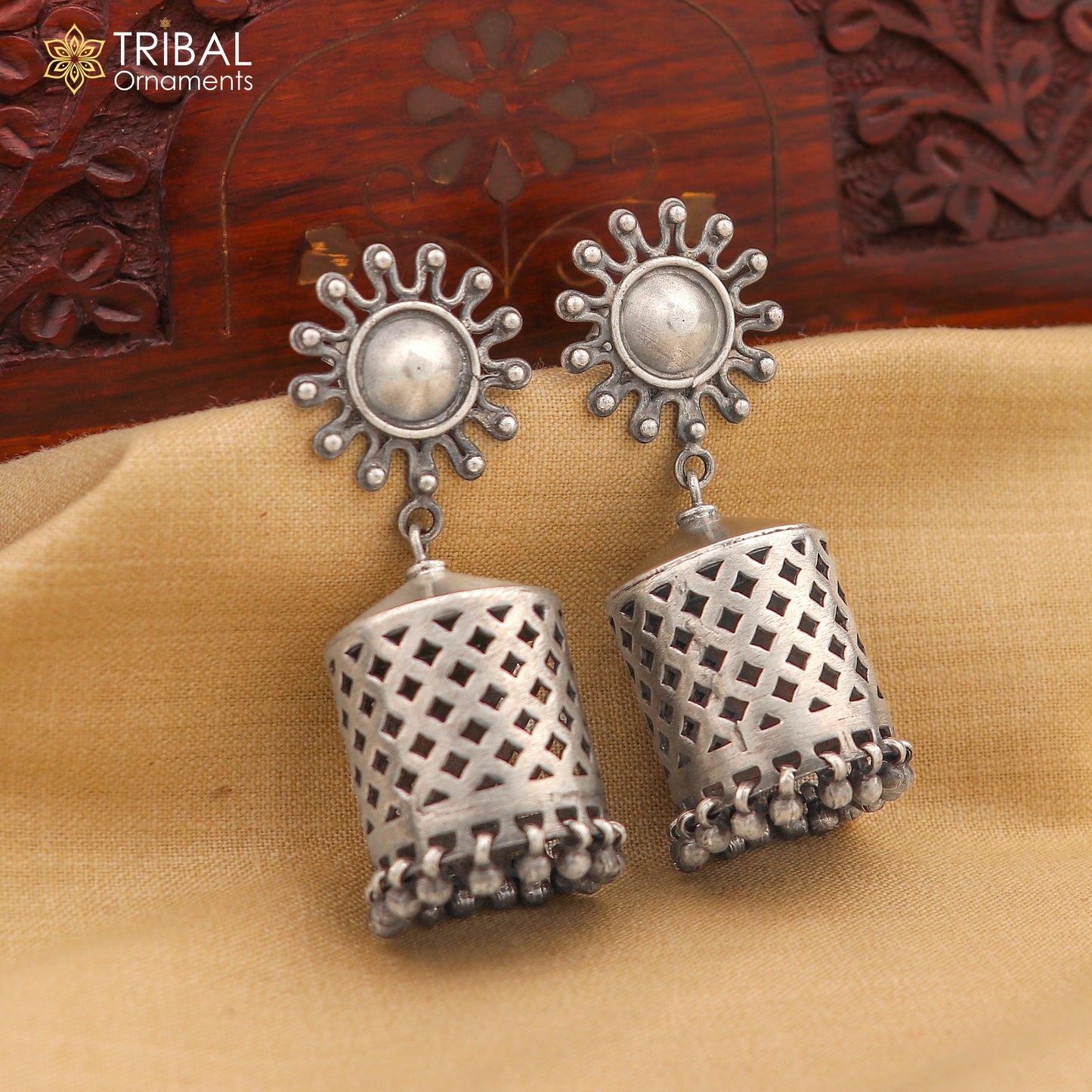 925 Sterling silver traditional cultural design drop dangler jumka earrings Navratri jewelry s1236 - TRIBAL ORNAMENTS