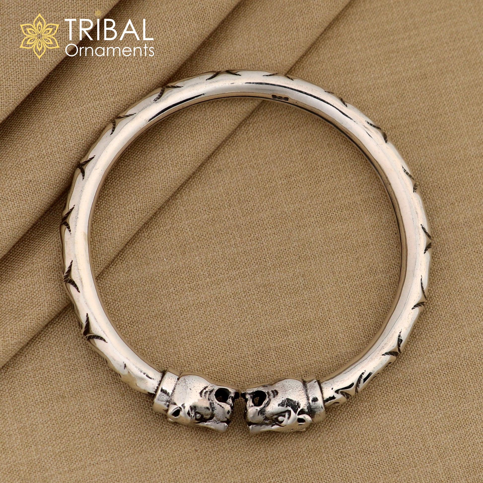Sterling silver lion face kada bangle bracelet with intricate tribal design, stylish and attractive tribal jewelry by Tribal Ornaments