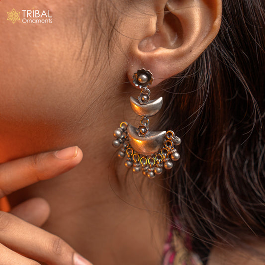 Sterling silver tribal earrings with half-moon design, hanging bells, and drop dangles, perfect for wedding or party jewelry.