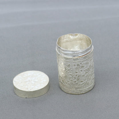 925 sterling silver trinket box with bride's flower design, tribal ornaments brand, decorative kajal and tobacco storage box.