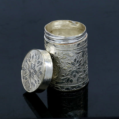 925 sterling silver trinket box with bride’s flower design, tribal ornaments Kajal box, decorative tobacco storage container.