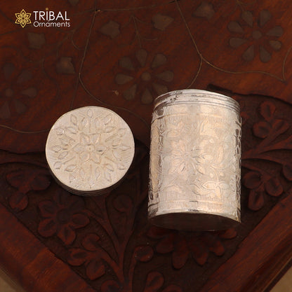925 sterling silver trinket box with floral bride design, tribal ornaments kajal and tobacco box for jewelry storage.