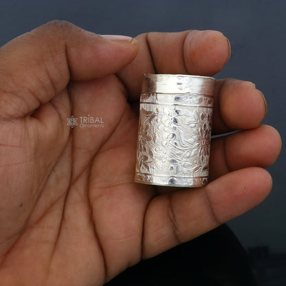 925 sterling silver trinket box with bride's flower design, tribal ornaments, kajal and tobacco storage, STB859
