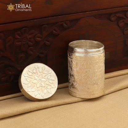 925 sterling silver trinket box with floral design, bridal kajal box, and tobacco storage from Tribal Ornaments.