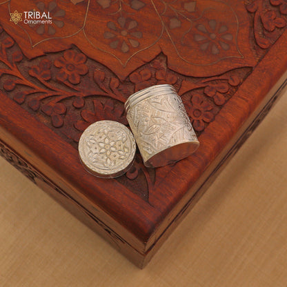 925 sterling silver trinket box with floral design, bridal kajal box and tobacco box by TRIBAL ORNAMENTS.