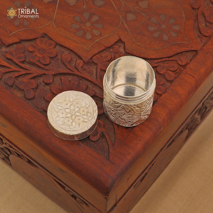 925 sterling silver trinket box with floral design, bridal jewelry or kajal box, by TRIBAL ORNAMENTS.