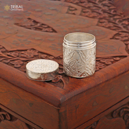 925 sterling silver trinket box with floral design, bridal kajal and tobacco storage by TRIBAL ORNAMENTS.
