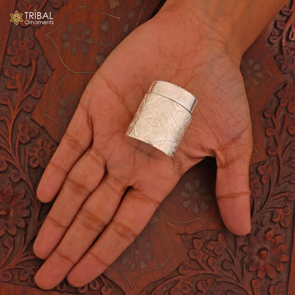 925 sterling silver trinket box with floral design, bridal kajal and tobacco storage, by TRIBAL ORNAMENTS.