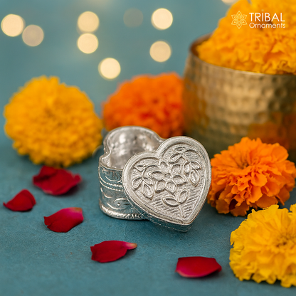 925 sterling silver bridal heart-shaped trinket box from Tribal Ornaments, decorative container for jewelry or small keepsakes.