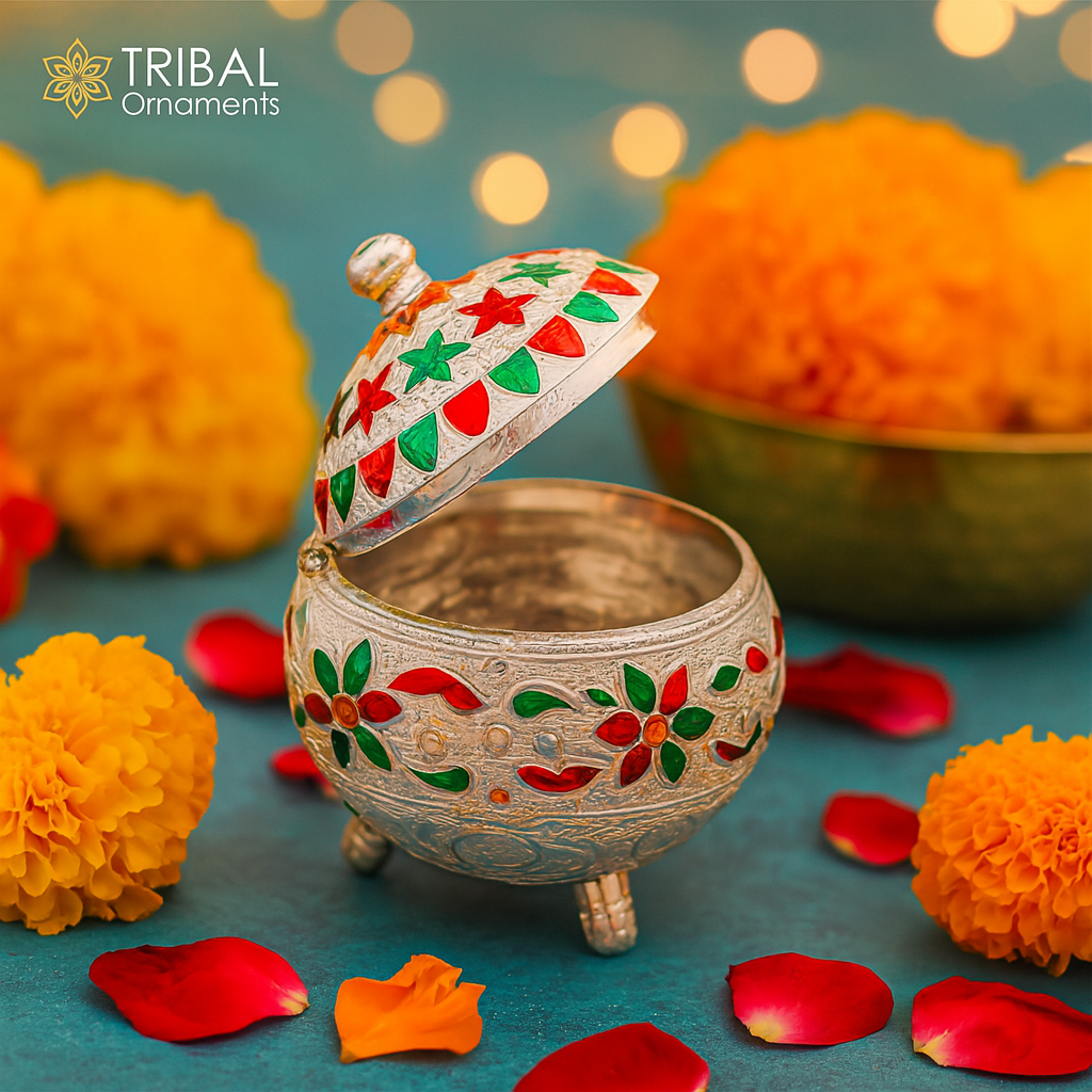 925 sterling silver trinket box, kajal box/casket box bridal polygon shape sindur box collection, container box, eyeliner box gifting stb388 - TRIBAL ORNAMENTS