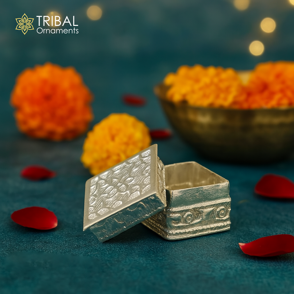 925 sterling silver trinket box with square shape, bridal design, decorative container for jewelry or cosmetics from Tribal Ornaments.