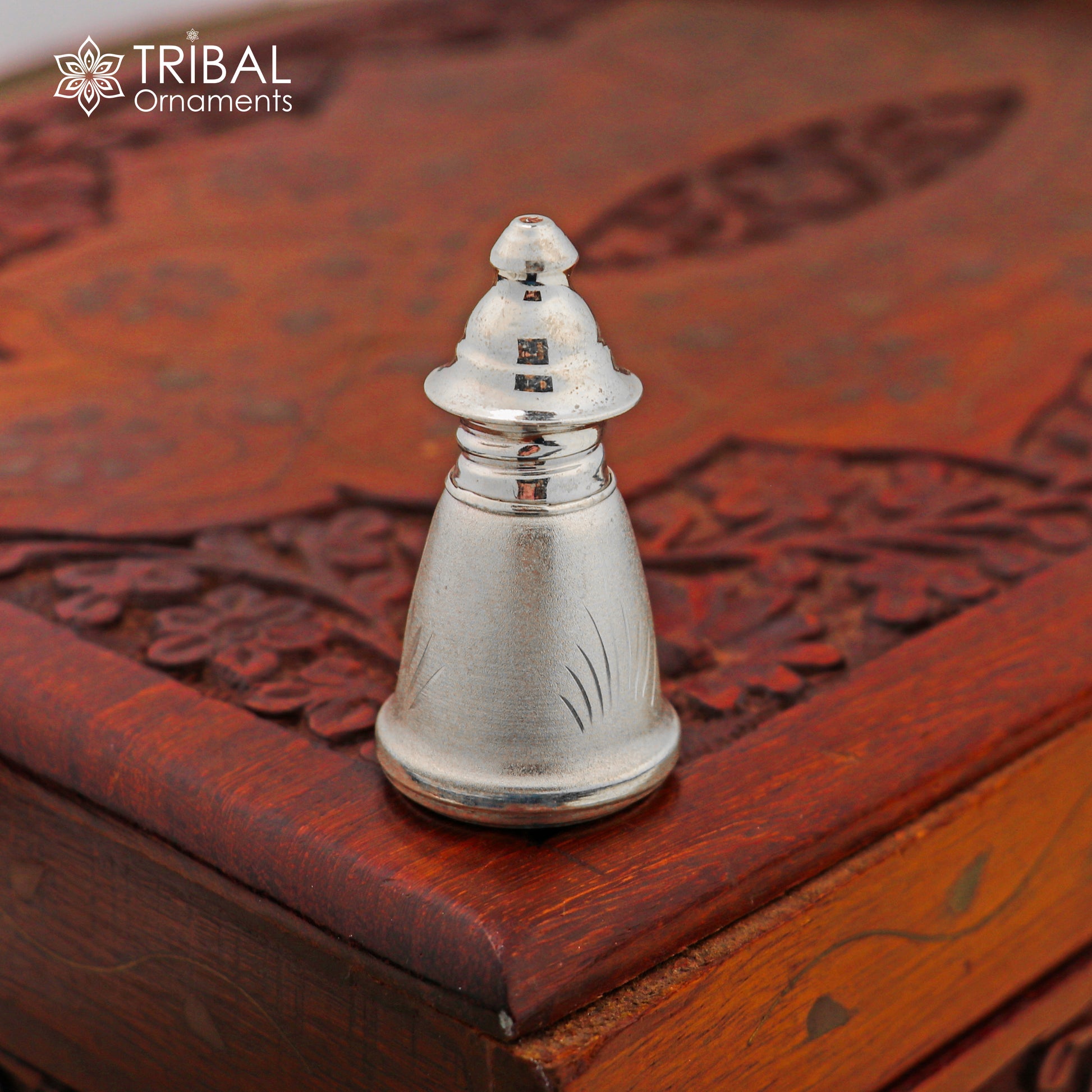 925 sterling silver sindoor box from Tribal Ornaments, bridal jewelry container with intricate design, part of collection.