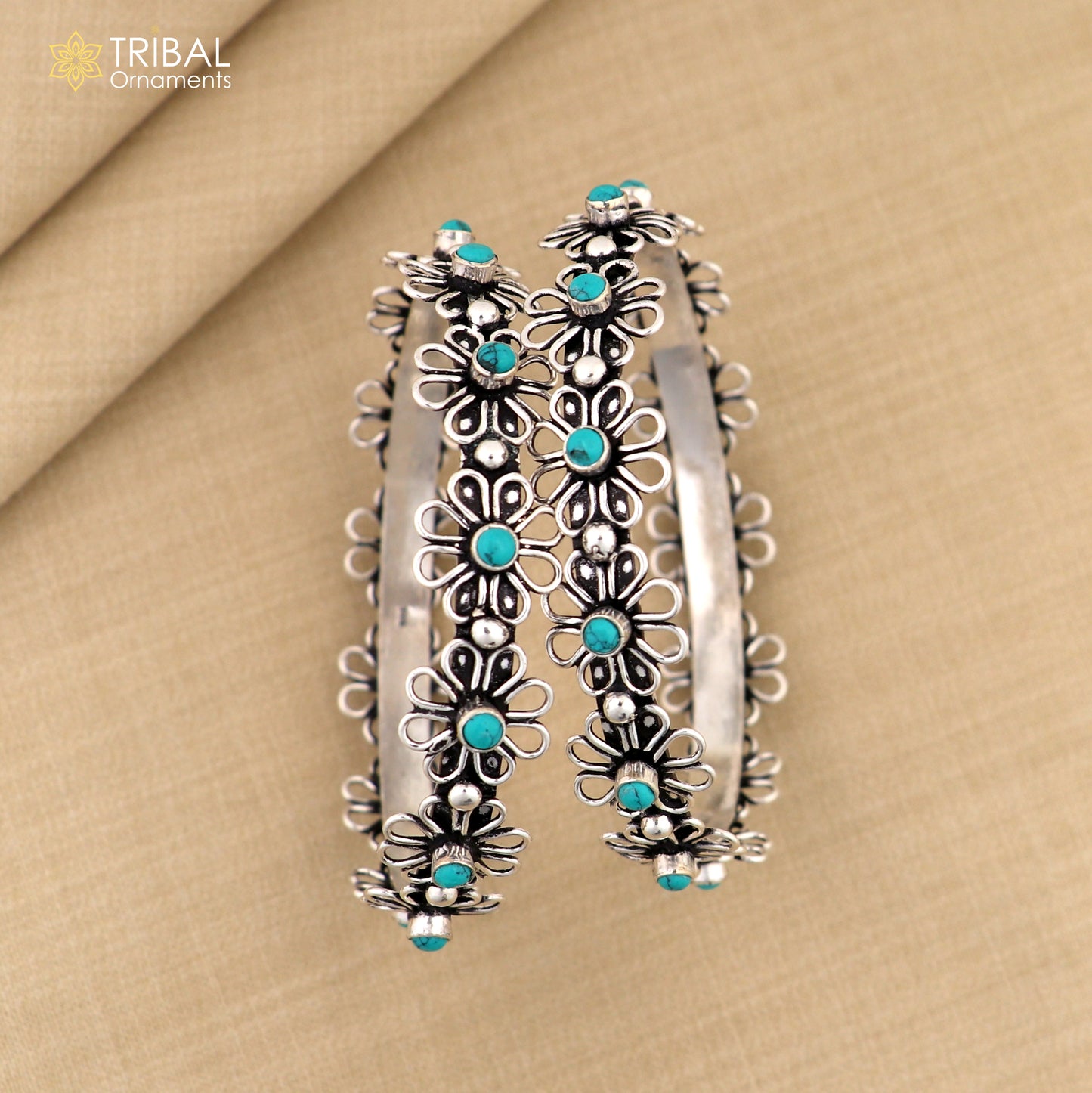 925 sterling silver turquoise stone flower design bangle bracelet jewelry nba440 - TRIBAL ORNAMENTS