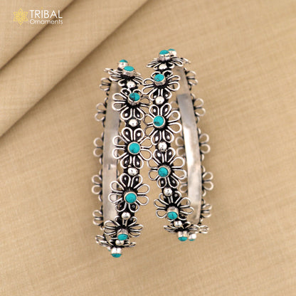 925 sterling silver turquoise stone flower design bangle bracelet jewelry nba440 - TRIBAL ORNAMENTS