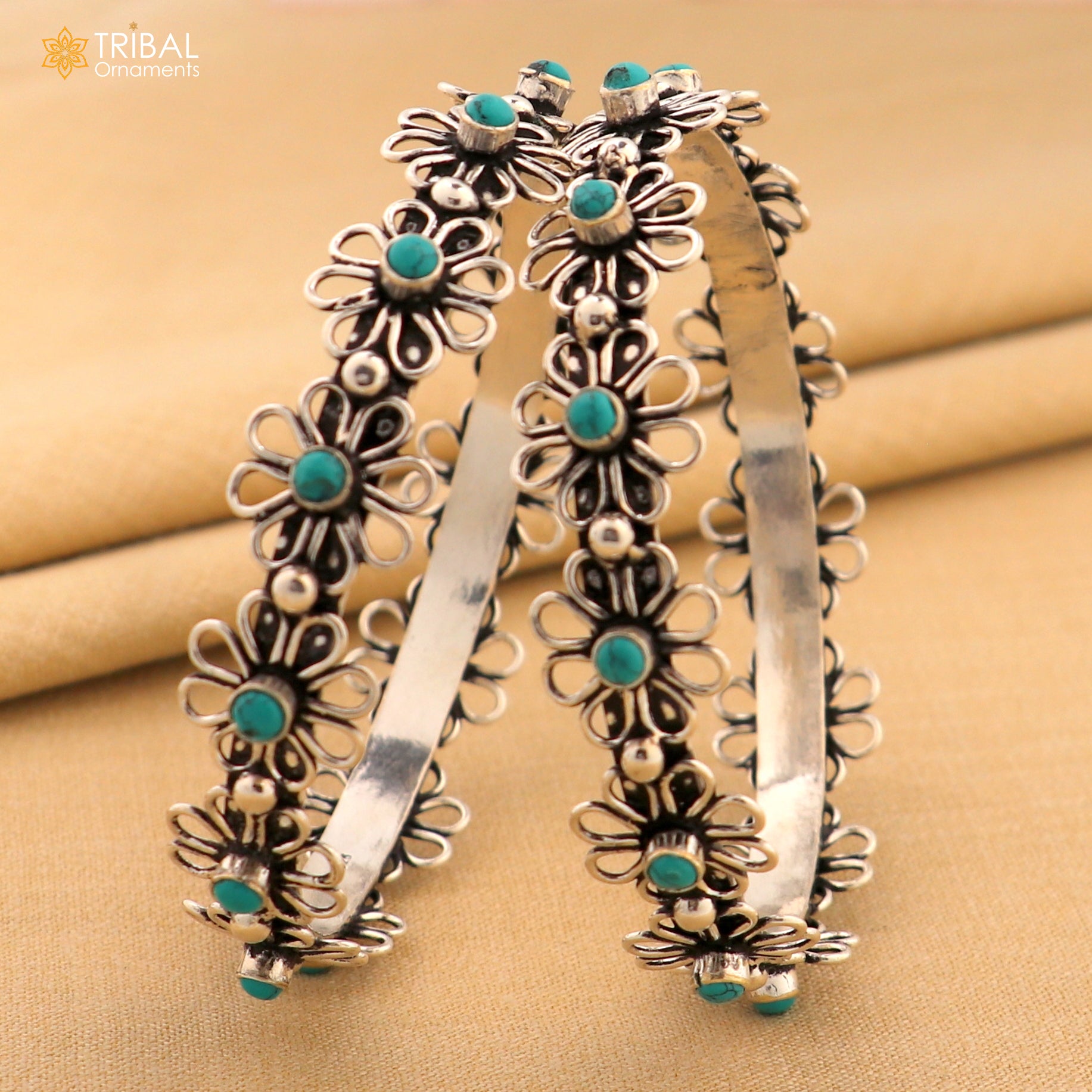 925 sterling silver turquoise stone flower design bangle bracelet jewelry nba440 - TRIBAL ORNAMENTS