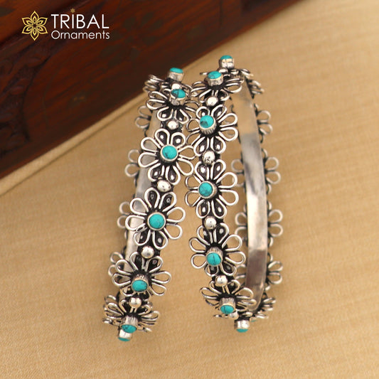 925 sterling silver turquoise stone flower design bangle bracelet jewelry nba440 - TRIBAL ORNAMENTS