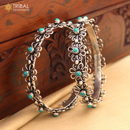 925 sterling silver turquoise stone flower design bangle bracelet jewelry nba440 - TRIBAL ORNAMENTS