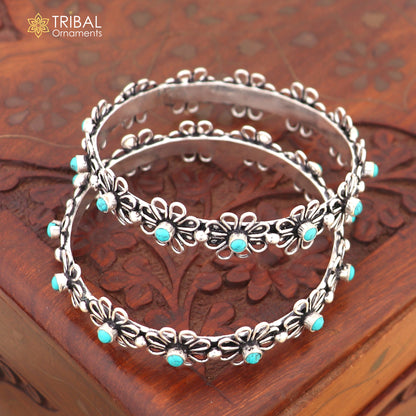 925 sterling silver turquoise stone flower design bangle bracelet jewelry nba440 - TRIBAL ORNAMENTS