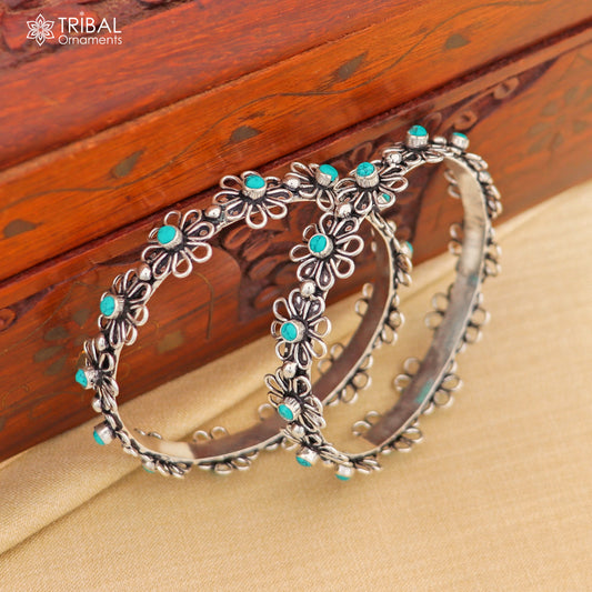 925 sterling silver turquoise stone flower design bangle bracelet jewelry nba440 - TRIBAL ORNAMENTS